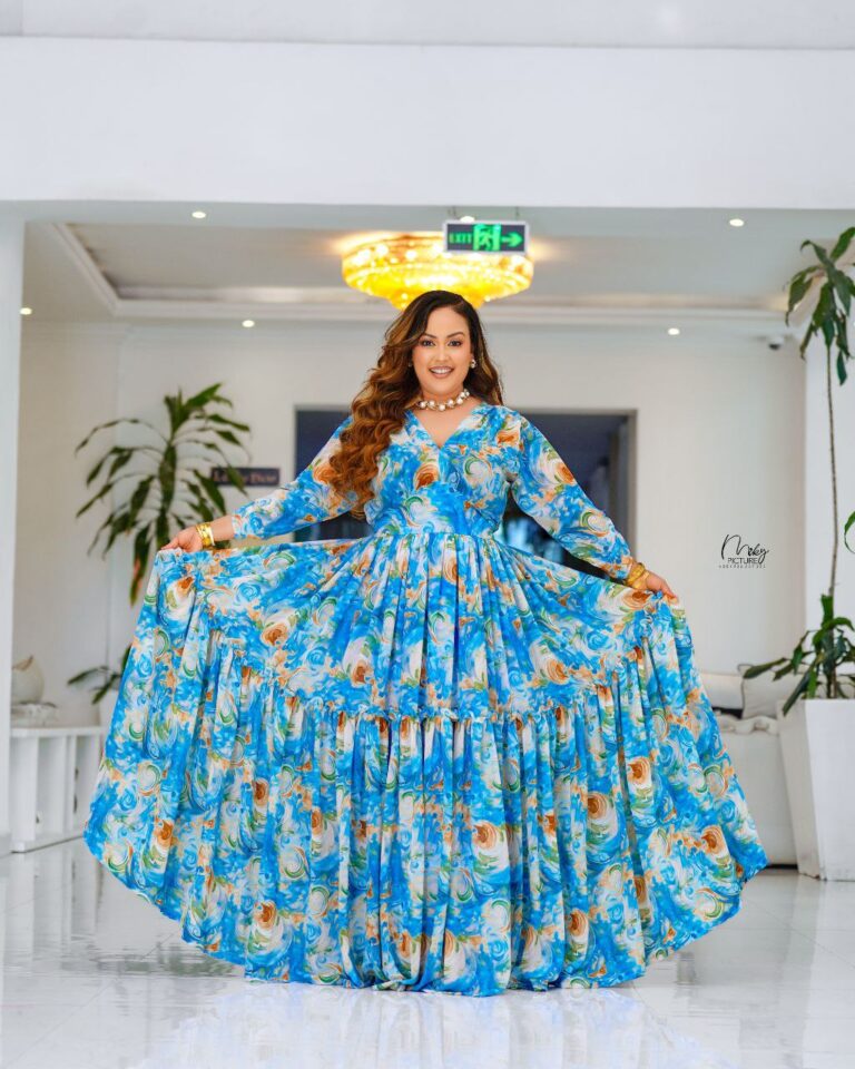 New 2026 Arrivals! Fuchsia & Yellow Swirl Flowing Habesha Maxi Dress