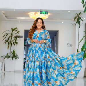 New! Flowing Modern Habesha Dress - Vibrant Prints - Blue