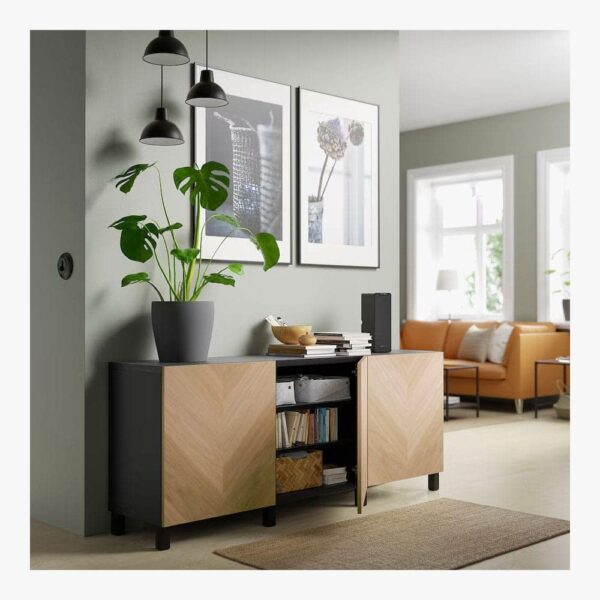 TV bench with drawers and door, black-brown