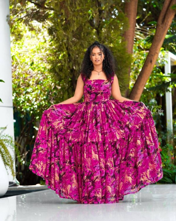 Modern Habesha ሽፎን ቀሚስ ዲዛይን – Elegant Tiered Flowy Dress for Weddings & Melsi