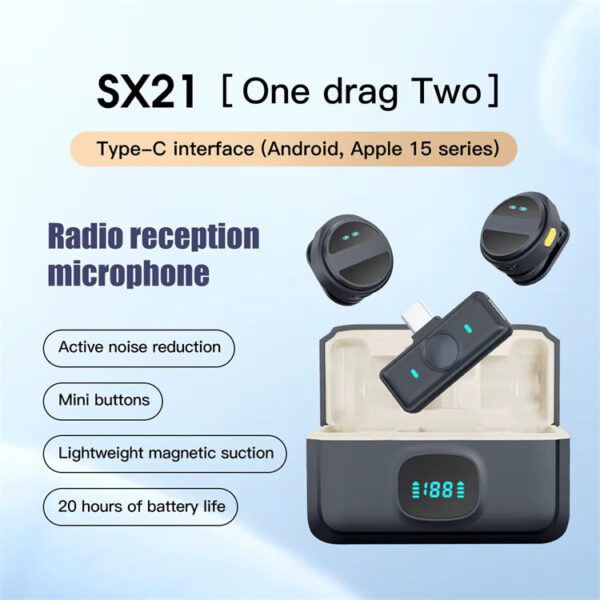 SX21 ማግኔቲክ ገመድ አልባ ማይክሮፎን (ለቲክቶከርስ እና ዩቲዩበርስ) – 2 በ 1 ድምፅን የሚያጠራ፣ ለAndroid እና iPhone(Type-C) የሚሆን፣ የ20 ሰዓት ባትሪ – ምርጥ wireless microphone