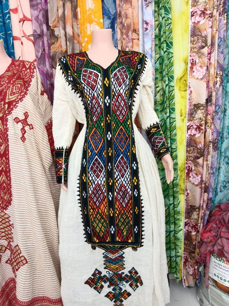 Habesha Kemis with colorful traditional hand-woven embroidery